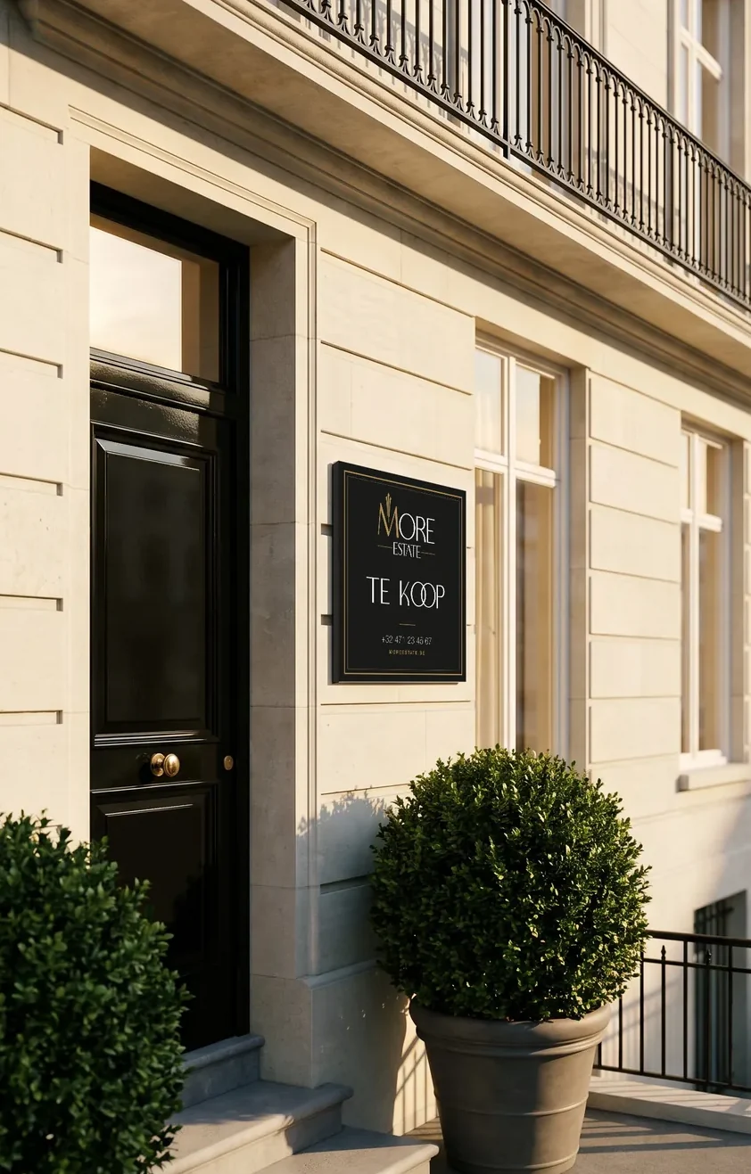 A More Estate TE KOOP sign mounted beside the black front door of a limestone townhouse in Brussels