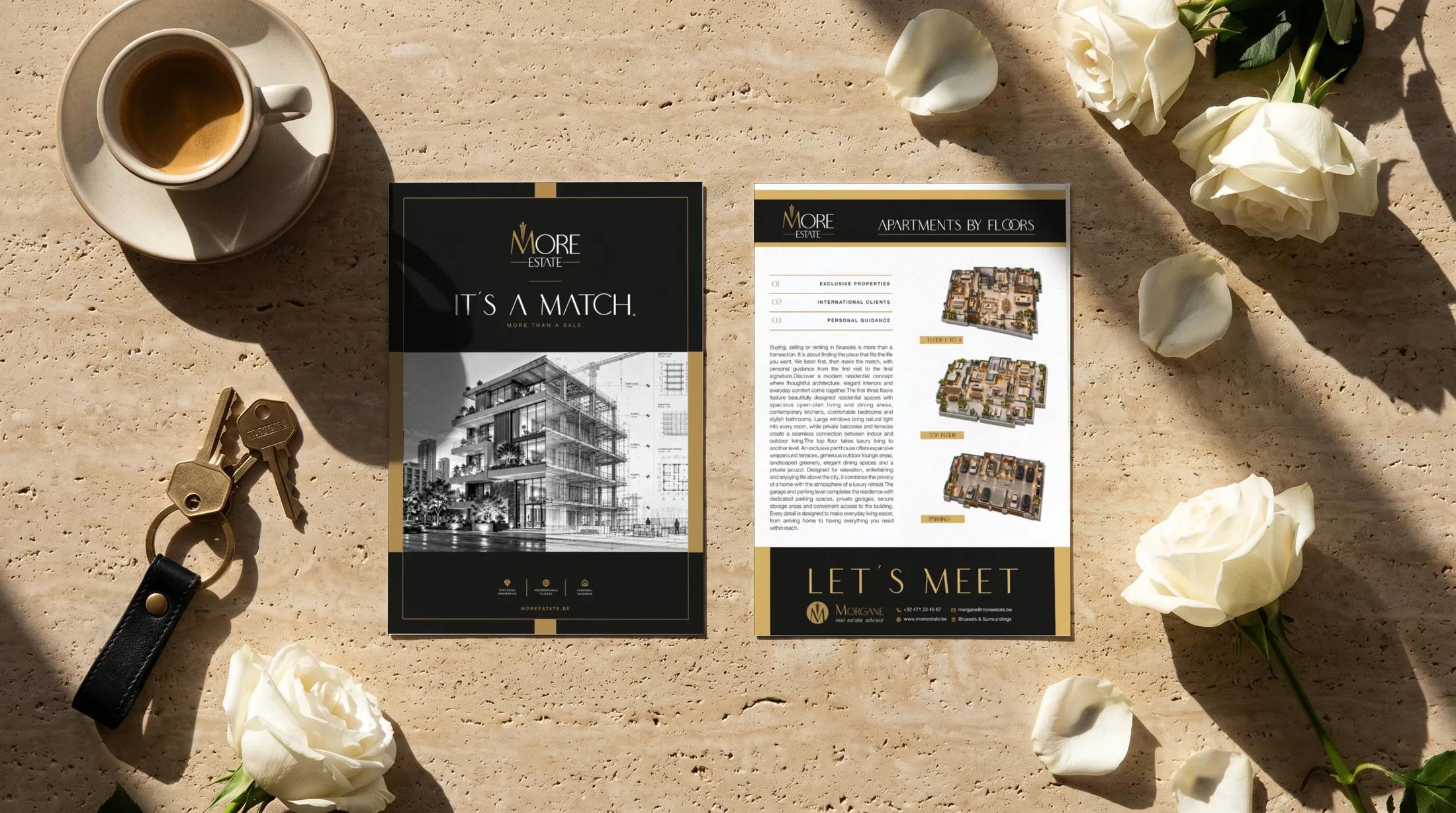 Front and back of the A5 flyer on a travertine table with espresso, brass keys and white roses